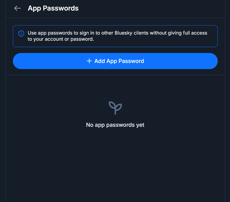 The App Passwords screen in Bluesky settings, showing the Add App Password button and an empty list