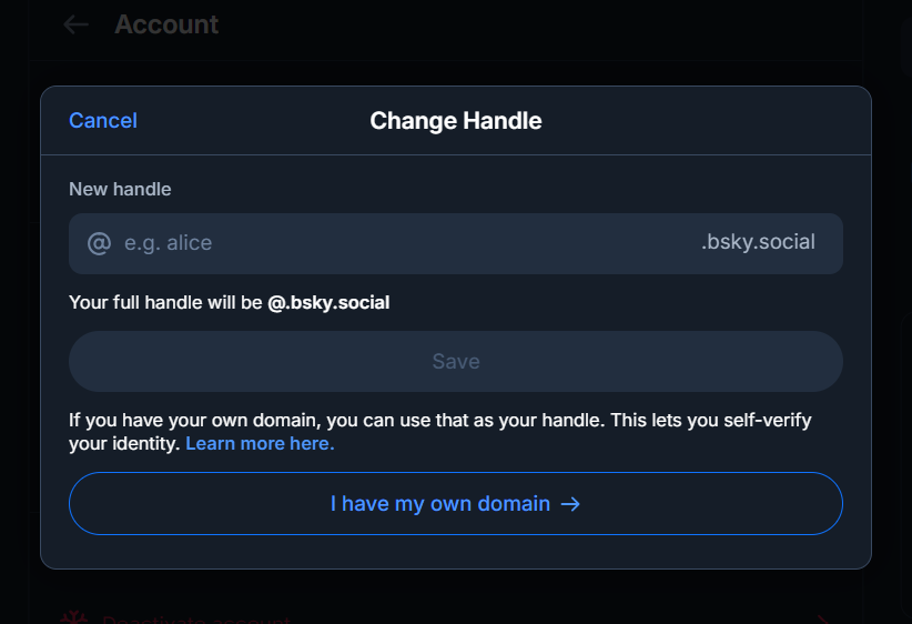 The Change Handle dialog in Bluesky, showing the default bsky.social handle field and the I have my own domain option