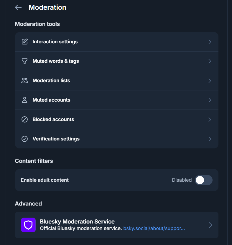 The Moderation screen in Bluesky settings, listing muted words and tags, moderation lists, muted and blocked accounts, content filters and the Bluesky Moderation Service labeler