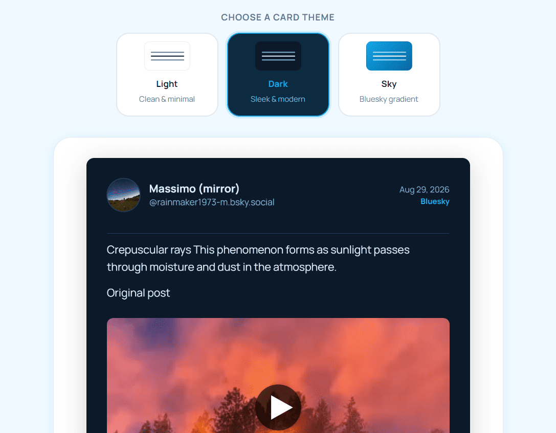 The same Bluesky post card rendered in the Dark theme