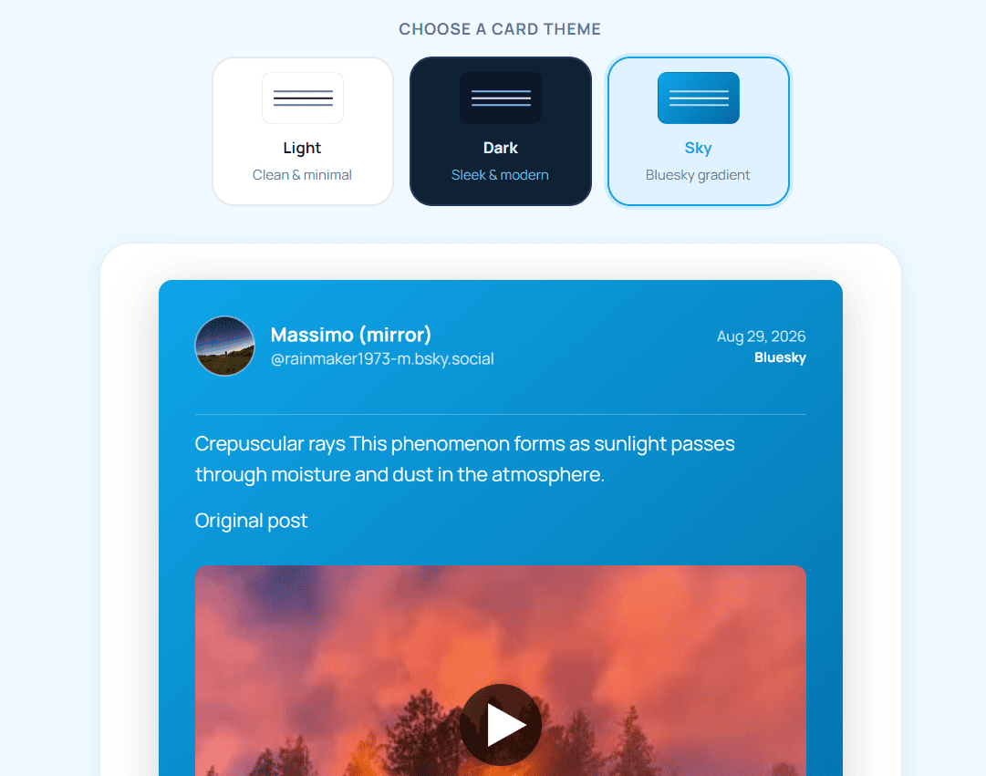 The same Bluesky post card rendered in the Sky theme, using the Bluesky gradient